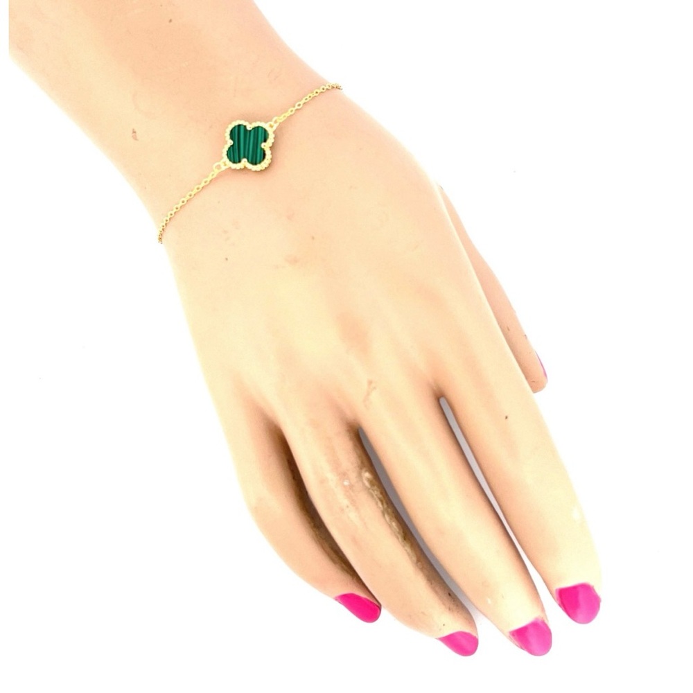 18k Gold Plated sterling silver Green Malachite Clover Bracelet